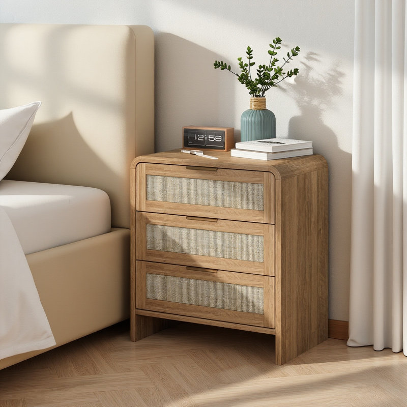 22.8" Wide，rattan 3-drawer Curved Nightstand, Caramel Oak