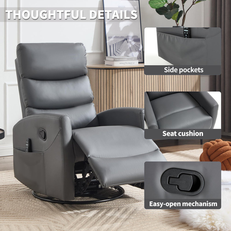 Heat Massage Manual Recliner Chair with Rocker and Swivel for Living Room, Gray