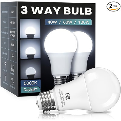 3‑Way A19 LED Light Bulb, 40/60/100 Watt Equivalent, 5000K Daylight, 500/1000/1500LM, E26 Base, 2 Pack