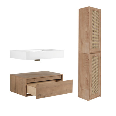 Roomfitters 30" Nordic Minimalist Imitative Oak Wall-Mounted Bathroom Vanity Set Floating Storage with Dual Side Cabinets