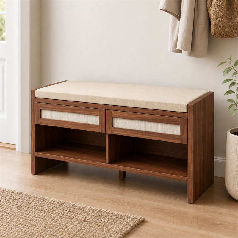 Banc de rangement à chaussures en rotin brun avec assise rembourrée
