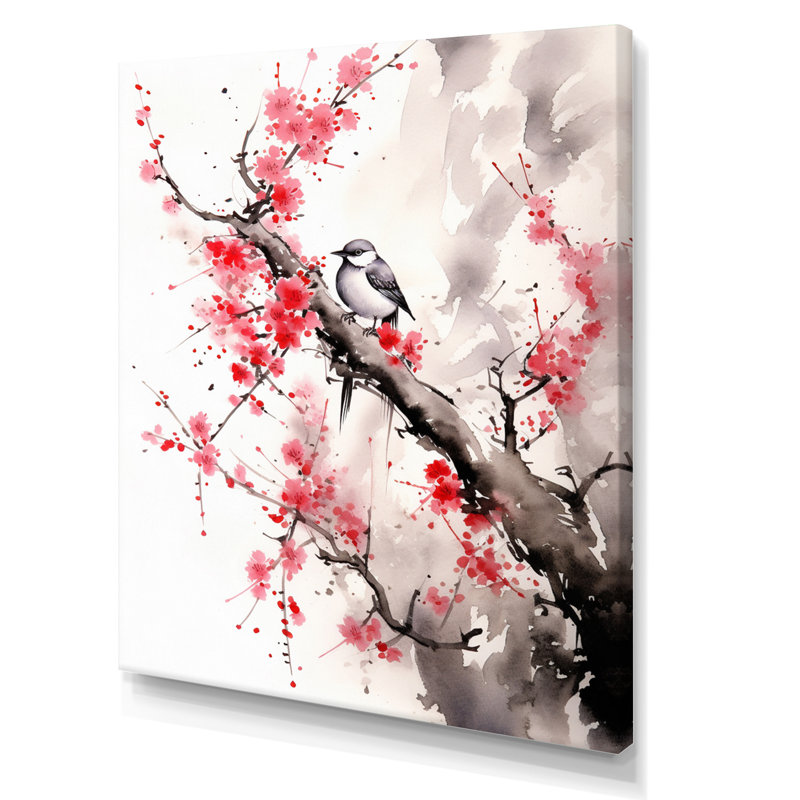 Art asiatique, Sumi oiseau sérénité, art asiatique, 32" H x 24" W, Toile tendue