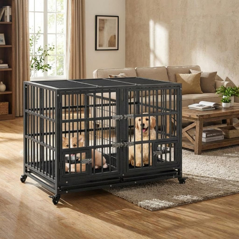 Caisse pour chien en acier robuste avec roues verrouillables, cloison amovible, portes doubles et plateau coulissant, conception spacieuse à bas seuil pour les grands chiens