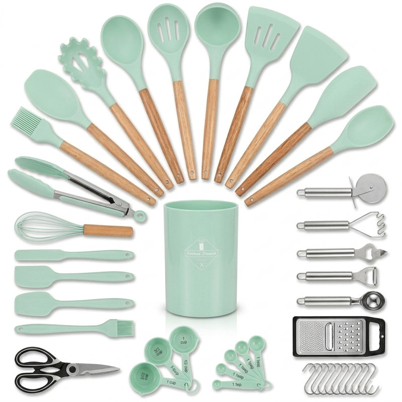 Ensemble d'ustensiles de cuisine en silicone 44 pièces avec support, spatule antiadhésive résistante à la chaleur et outils pour gadgets avec poignées en bois, vert