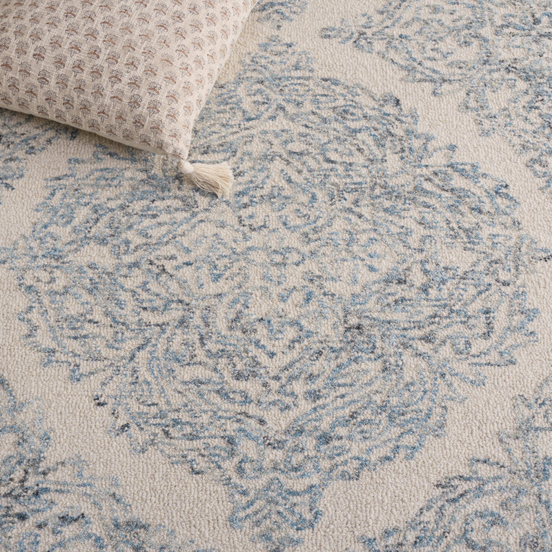 Tapis ivoire / bleu en laine touffeté à la main Hewett, Rectangle de 5 pi x 8 pi