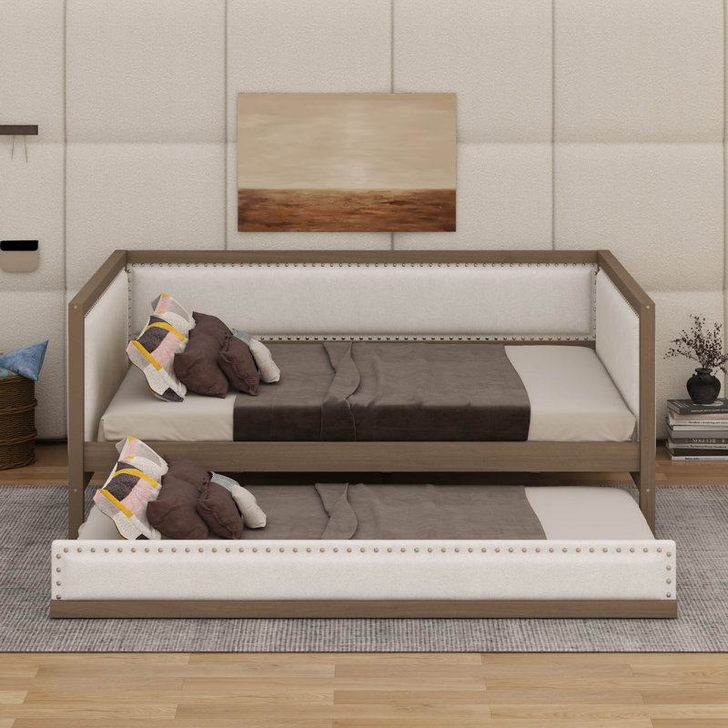 Full Size Upholstered Daybed With Trundle And Nailhead Decoration