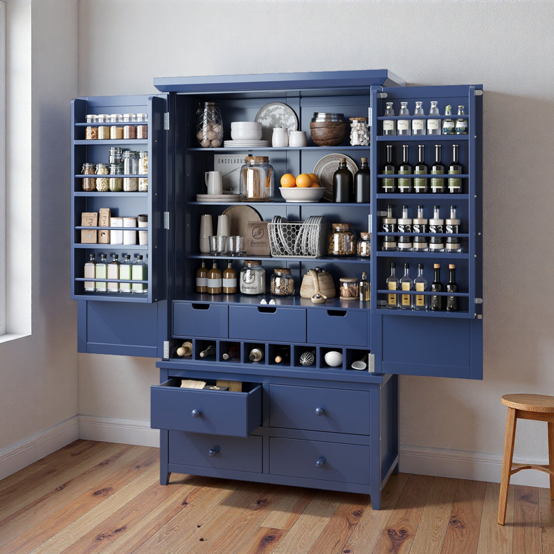 Grande armoire de rangement autoportante en bois avec 8 portes, 3 tablettes réglables, 7 tiroirs et 8 supports à vin, Bleu