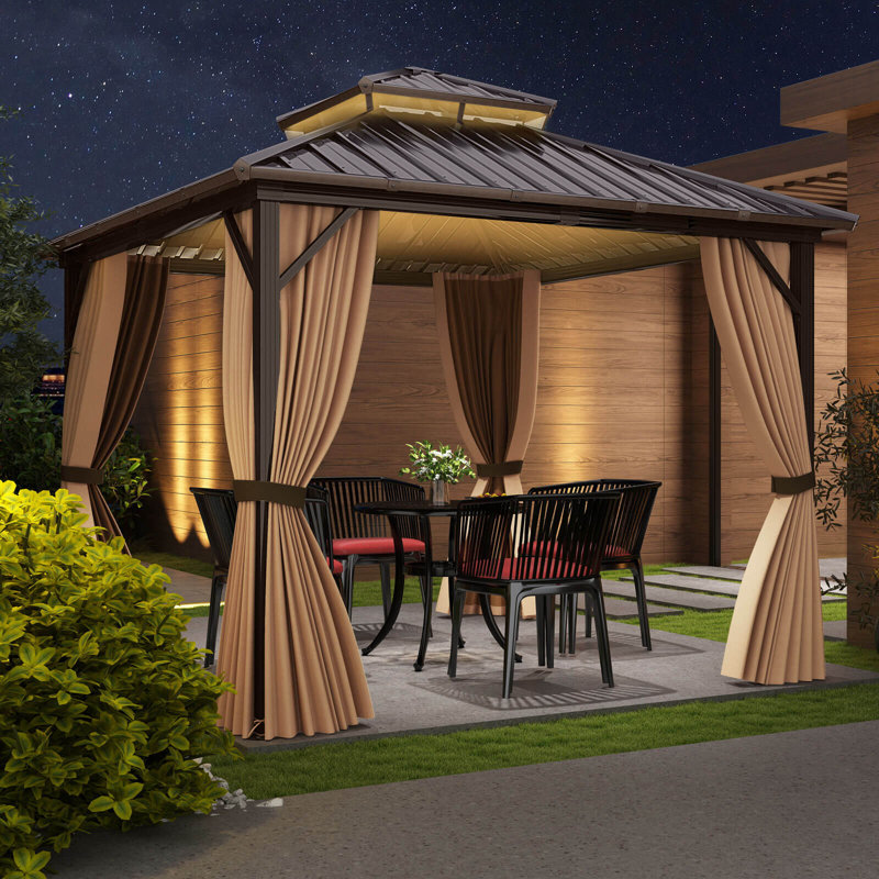 Hardtop Gazebo with Netting Heavy-Duty Double-Roof Galvanized Metal Top, 120" H x 120" W x 117" D