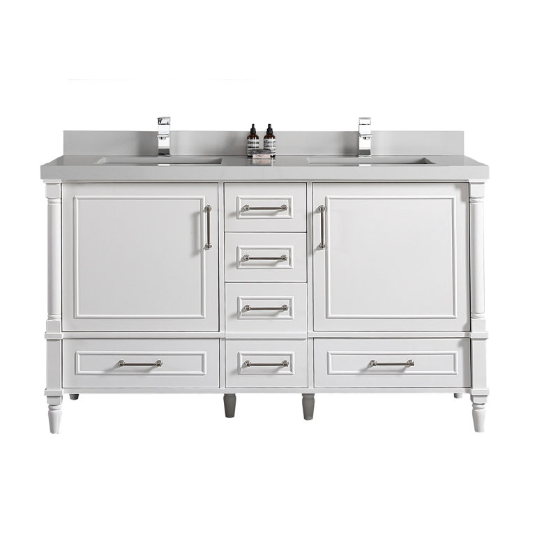Ensemble de meuble-lavabo double 60 po Flavell, Blanc, Quartz de Carrare, bordure droite