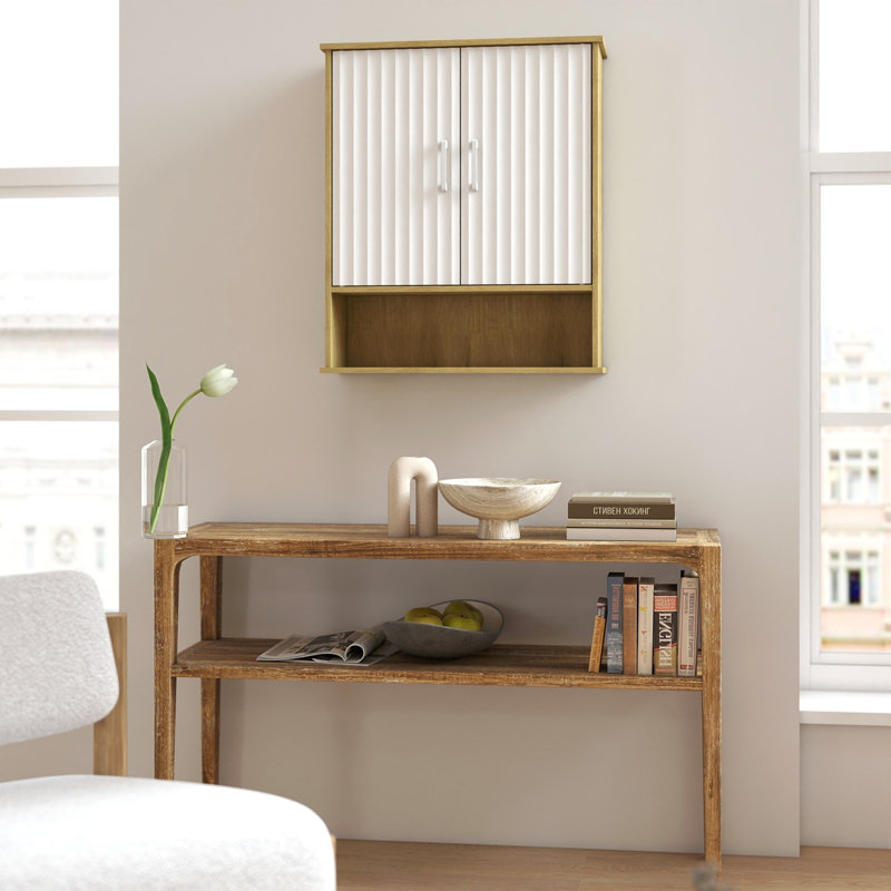 Bathroom Wall Cabinet With Double - Door, Bottom Shelf, Wavy - Patterned Doors, Adjustable Inner Shelf, Easy Installation, White Or Natural Wood