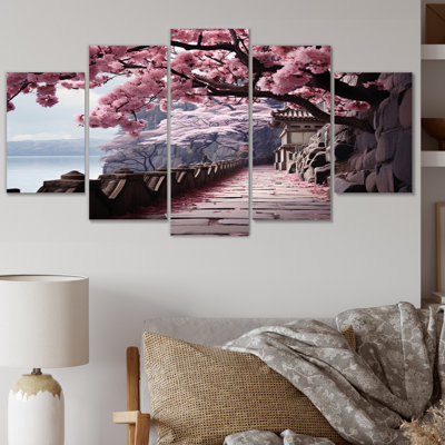 «Japon Art Cherry Blossom Pink Path», reproduction d'art sur toile - 5 panneaux