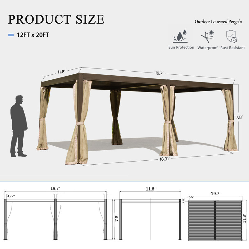 Pergola Gazebo with Louvered Roof, Brown, 20 ft. W x 12 ft. D