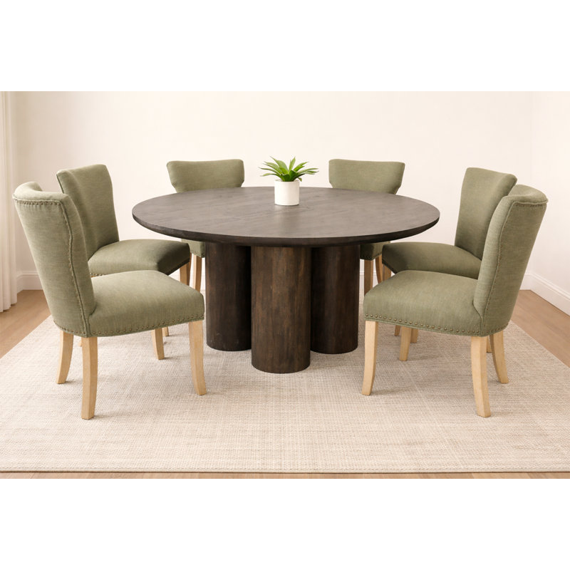 Coriolano 63" Round Dining Table Set With 6 Green Chairs, Navy/Beige