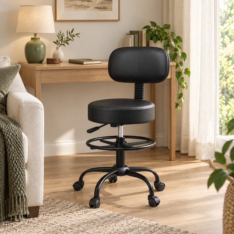 Chaise de dessin ergonomique avec dossier, tabouret de bureau pivotant à roulettes avec repose-pieds réglable - Noir/1 pièce