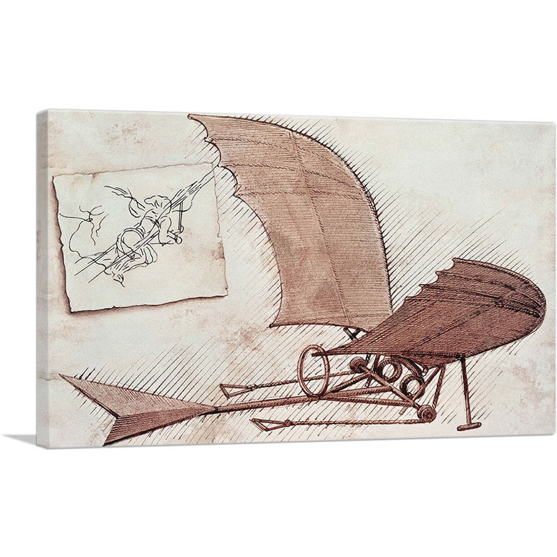 " Flying Machine " by Leonardo Da Vinci Painting Print, 18" H x 26" W x 1.5" D