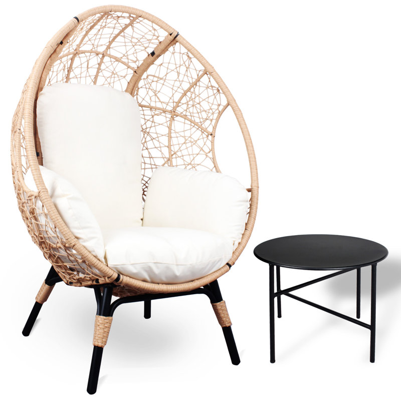 Fauteuil de patio modèle 3 avec coussin et table d'appoint, Blanc/naturel