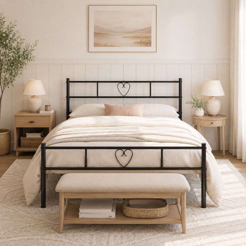 Aaru Heart Design Metal Bed Frame with Headboard & Footboard, Double (4'6), Black