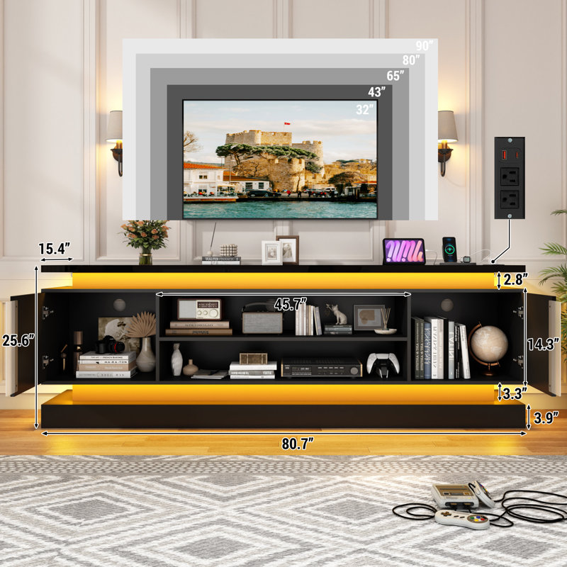 70" /80" Modern Tv Stand With Led Lights & Built-In Power Outlet – High Gloss Media Console, Gaming Entertainment Center,  For Living Room,Bedroom
