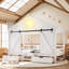 Cadre de lit simple de style maison de campagne avec porte de grange coulissante, ampoule, escaliers et tiroirs de rangement, blanc-133584748-133584750