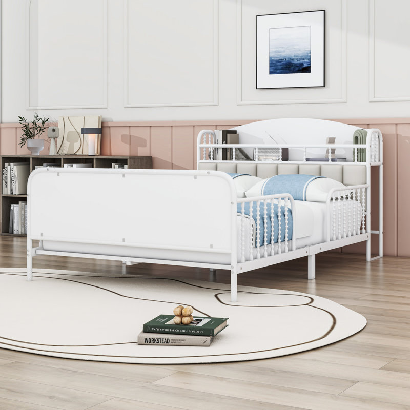 Lit plateforme en métal avec bandes claires et tête de lit tapissier, Double, Blanc