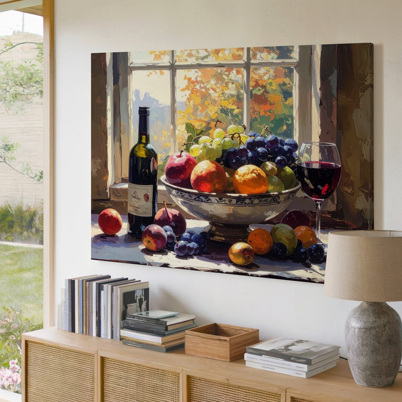 Toile, peinture à l'huile rustique sur toile avec fruits et vin, H 30 po x l 40 po