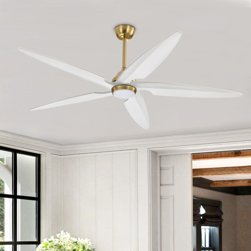 Ventilateur de plafond en bois massif à 5 pales Chanille avec lumière DEL et télécommande, Blanc cassé, Or, 64"