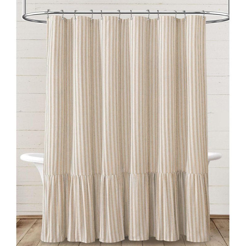 Bohemian Ruffled Linen Shower Curtain,Rustic Style Natural Fabric for bathrooms - Beige Stripe