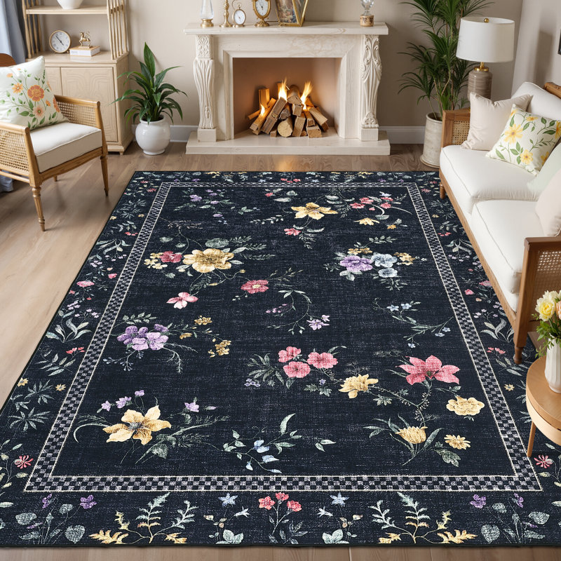 Washable Area Rugs for Living Room Modern Floral Bedroom Rugs for Dining Room OfficeContemporary Home Decor Rug, Black