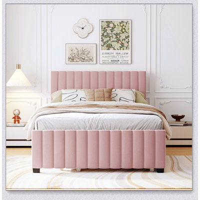 Full Velvet Upholstered Platform Bed With Twin Trundle