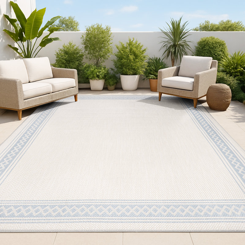 Clarktown Classic Diamond Border Cream/Blue Indoor/Outdoor Rug, Rectangle 5'3" x 7'7"