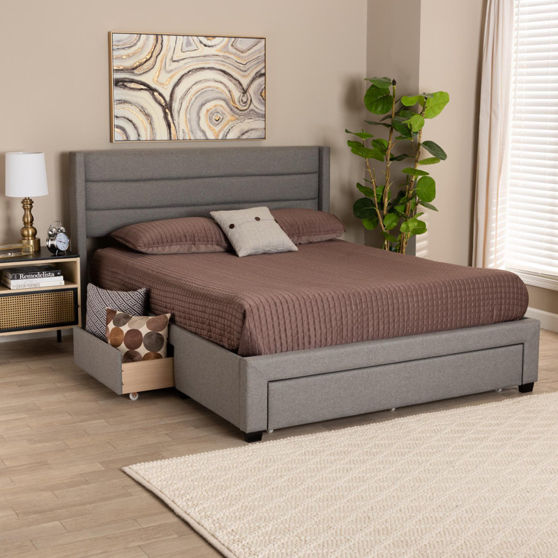 Upholstered Wingback Storage Bed, Light Gray, Queen