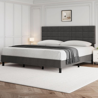 Bed Frame With Headboard, Sturdy Metal Frame With Solid Wooden Slats Support
