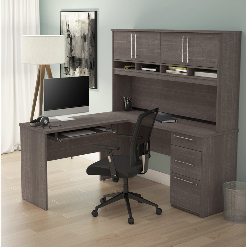 Altha Reversible L Shaped Desk with Hutch, Bark Gray