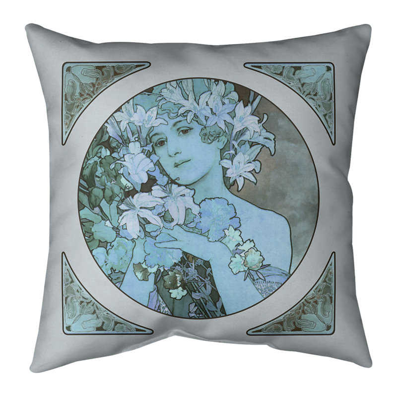 Coussin décoratif couronne de fleurs Alphonse Mucha, 20 po x 20 po, Bleu, Housse de coussin seulement