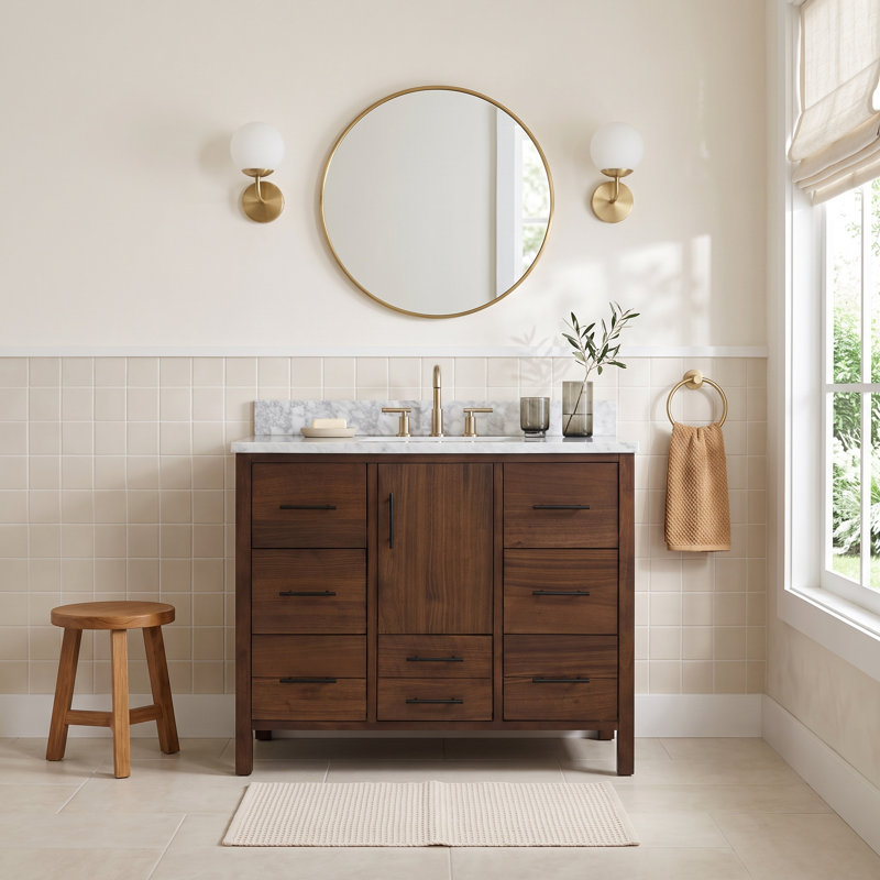Kiara 42'' Single Bathroom Vanity with Top, Carrara Marble, Walnut