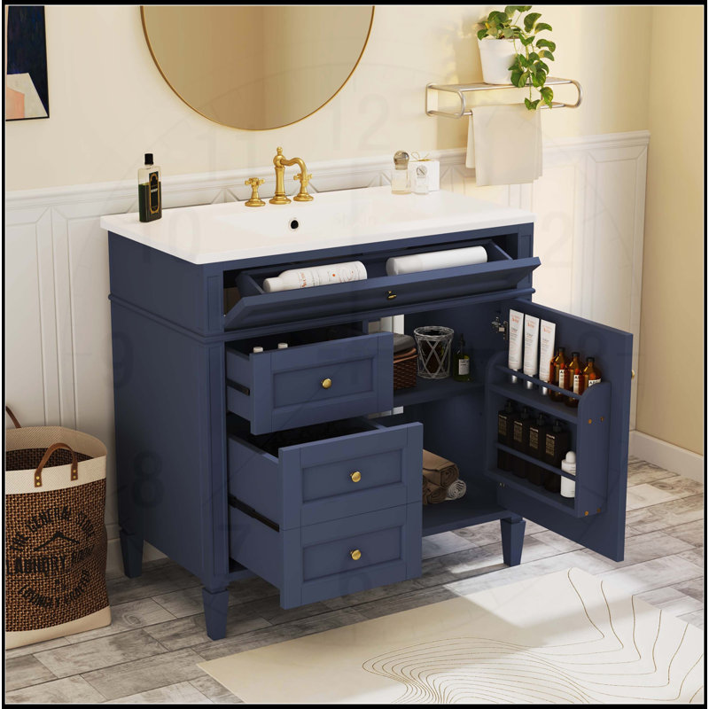 Meuble-lavabo de 36 po avec lavabo supérieur et tiroir basculant, Bleu