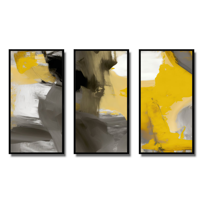 Moutarde jaune et gris vif II - 3 pièces sur toile, Toile encadrée noire, H 28 po x l 36 po x P 1 po