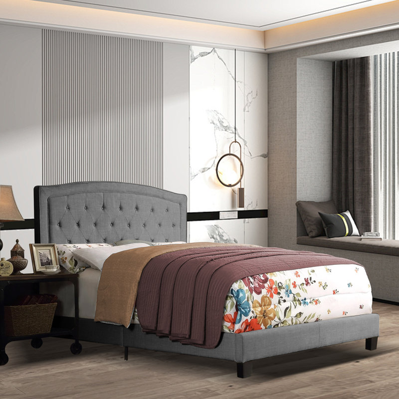 Upholstered Tufted Upholstered Bed with Adjustable Height Headboard, Grey, Full