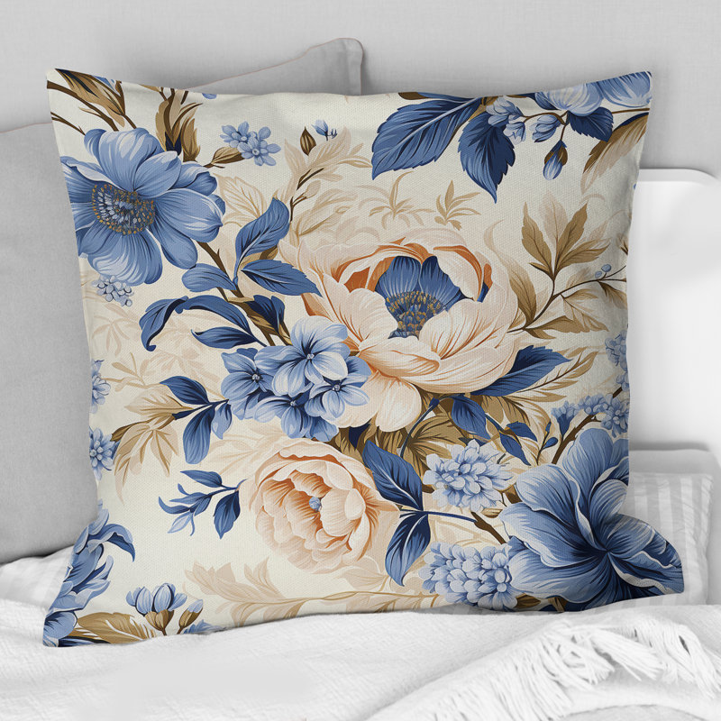 Cobalt Blue Victorian Rococo Victorian Pattern - Floral Printed Throw Pillow, 16"H x 16"W
