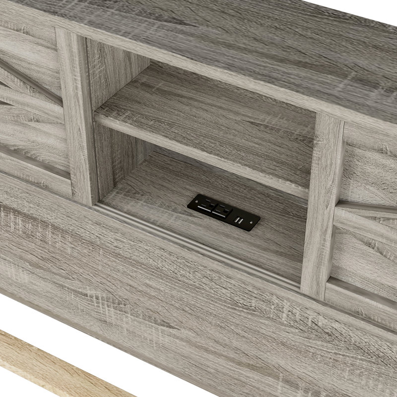 Lit double en bois rustique pleine grandeur avec tête de lit à double porte de grange coulissante et point de charge, support de lattes, teinte gris antique, lit plateforme sans sommier, lattes fixes et fixes, chatoyant
