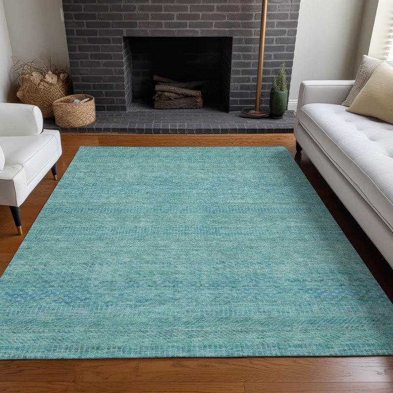 Aqua and White Striped Washable Synthetic 3' x 5' Rug