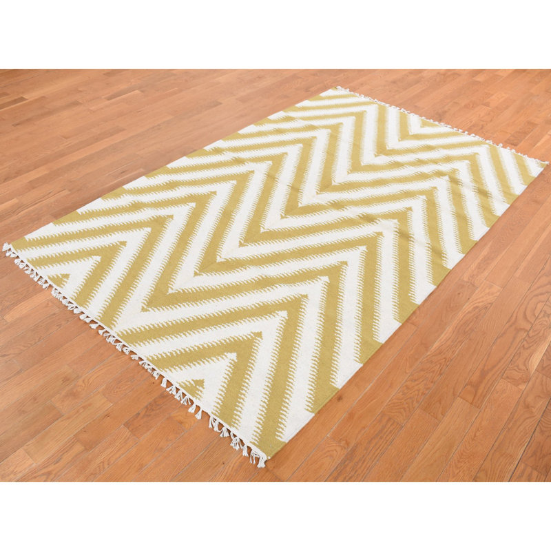 5'x8' Yellow Wool Flat Weave Kilim Chevron Design Hand Woven Rug A30797AC90534177A6A61A8AC05E2DB4