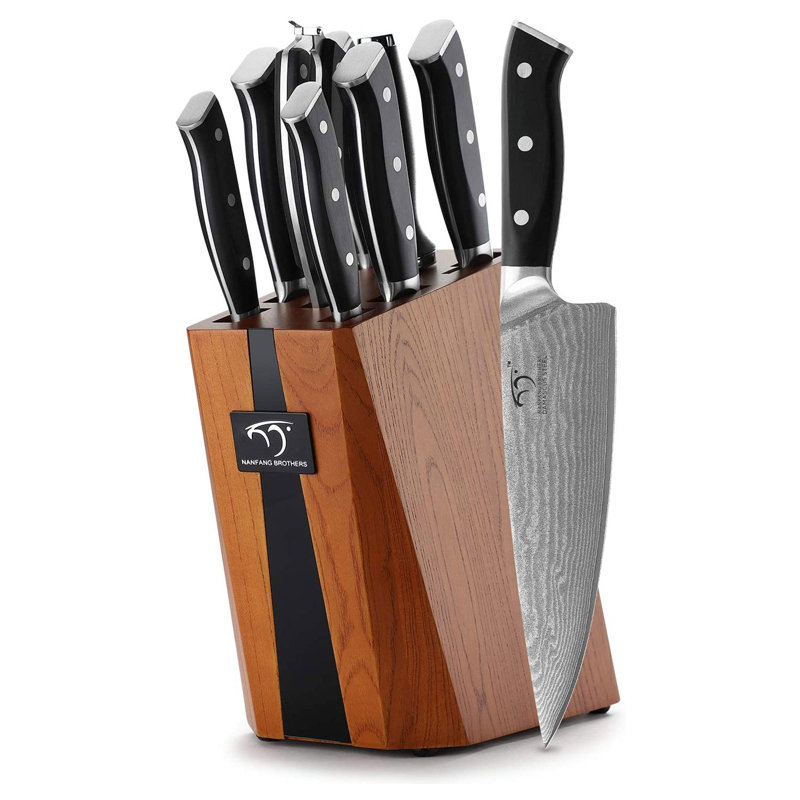 Ensemble de couteaux de cuisine Nanfang Brothers Damascus avec bloc de frêne de Mandchourie, 9 pièces