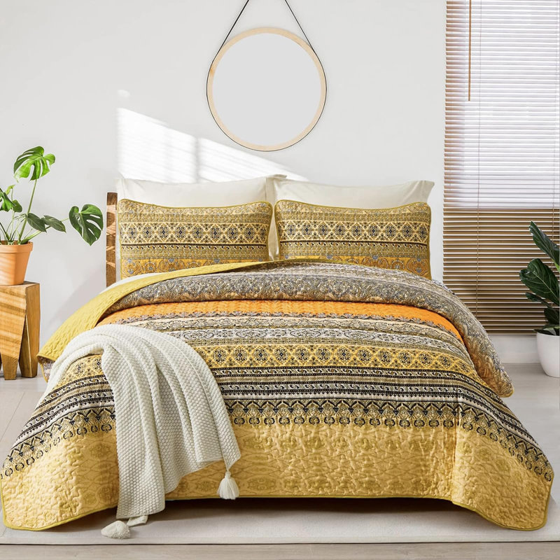 Set of 3 Boho Bohemian Quilt Set Lightweight Reversible Microfiber Bedspread Coverlet All Season Bed Decor, Yellow/Orange