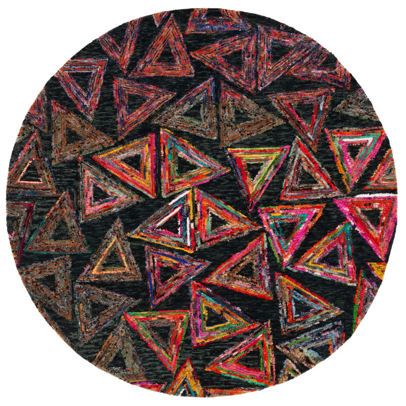 Hand Tufted Wool/Cotton Geometric Rug in Dark Green/Black, Round 7'