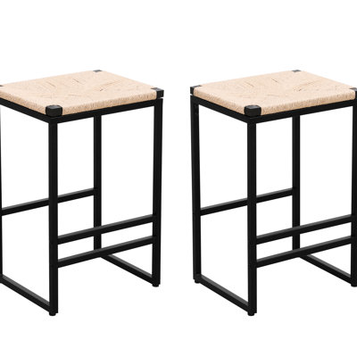 Backless Bar Stools   Of 2  - Iron & Paper Rope Seat, Stylish Decor, Slip Screws, 220Lbs Capacity, 15.74" L X13.39" W X25" H Slip,