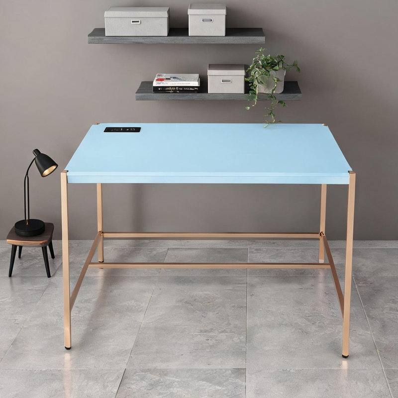 Bureau d'écriture de 42 pouces avec port USB, base ouverte moderne, finition bleue et cadre doré, Blue/Gold