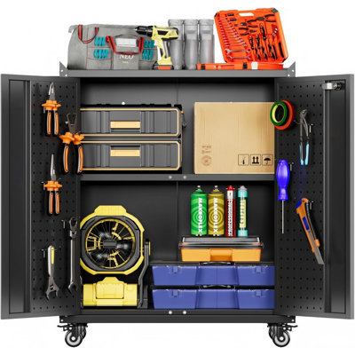 Metal Storage Cabinet with Wheels, Rolling Storage Cabinet with 2 Doors and Adjustable Shelves, Pegboard and 4 Hooks, Black