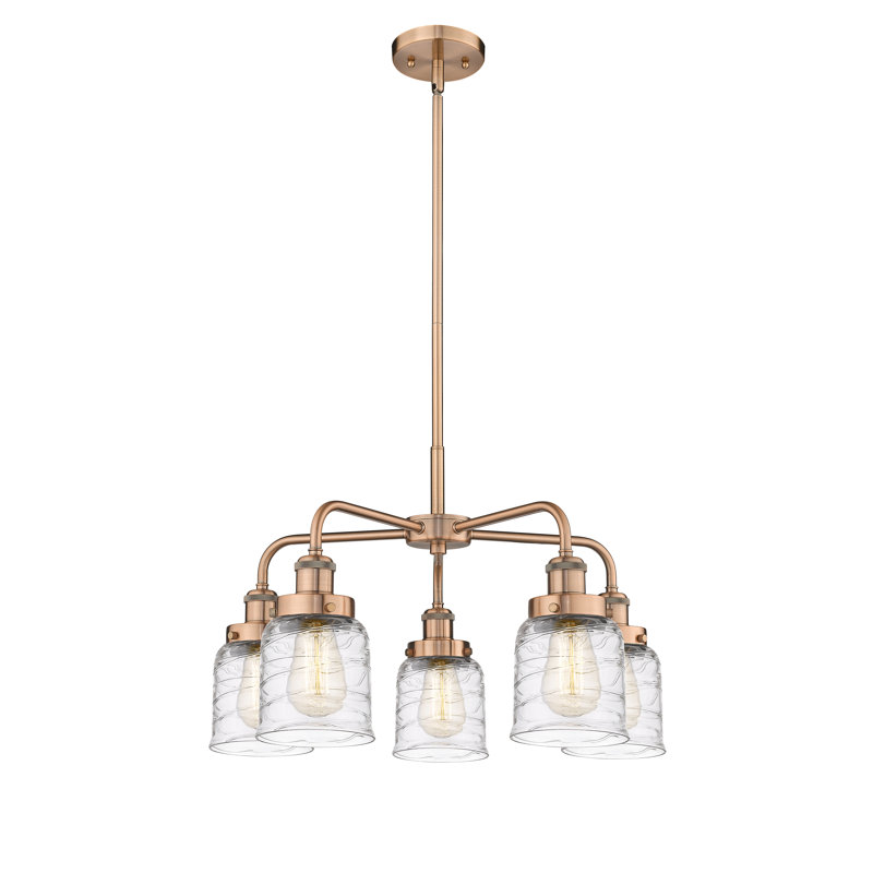 Lustre en verre à 5 lumières Bell, Tourbillon déco transparent, Cuivre antique