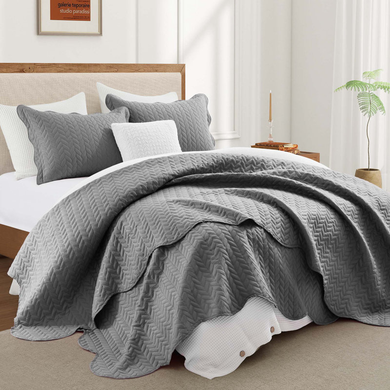 Embossed Microfiber Quilt Coverlet Set, Gray, Twin ( 66 Inc x 86 Inc )